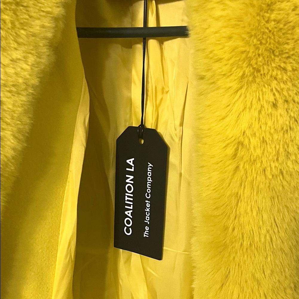 Luxurious Faux Fur Collar Belted Teddy Coat in Vibrant Yellow - Picture 3 of 4